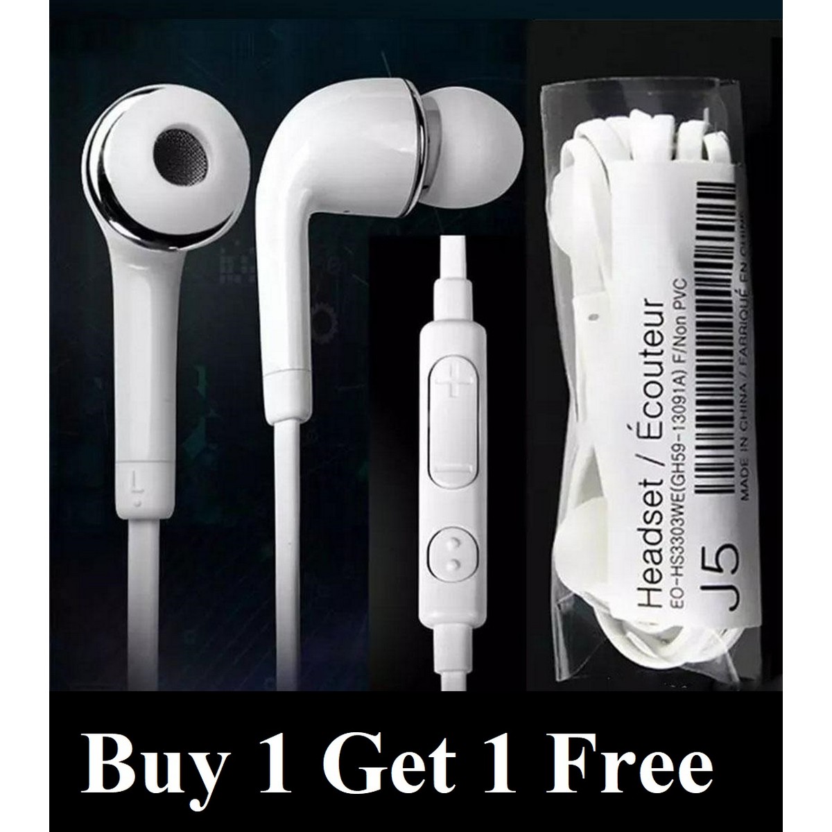 (Buy 1 Get 1 Free) J5 High Quality Stereo Sound In-ear Headphones 3.5mm Wired Earphones Cable Headsets with Mic Earbuds for Mobile Phone price in Pakistan