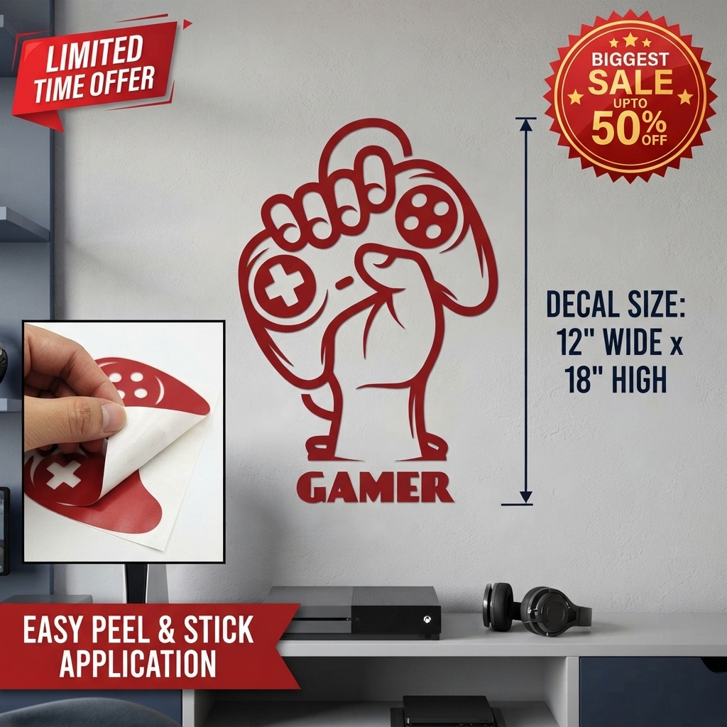 Gamer Hand with Console Wall Sticker PVC Vinyl Decal | Gaming Controller Wall Art | Gamer Room Bedroom Setup Decor | 12 x 18 Inch