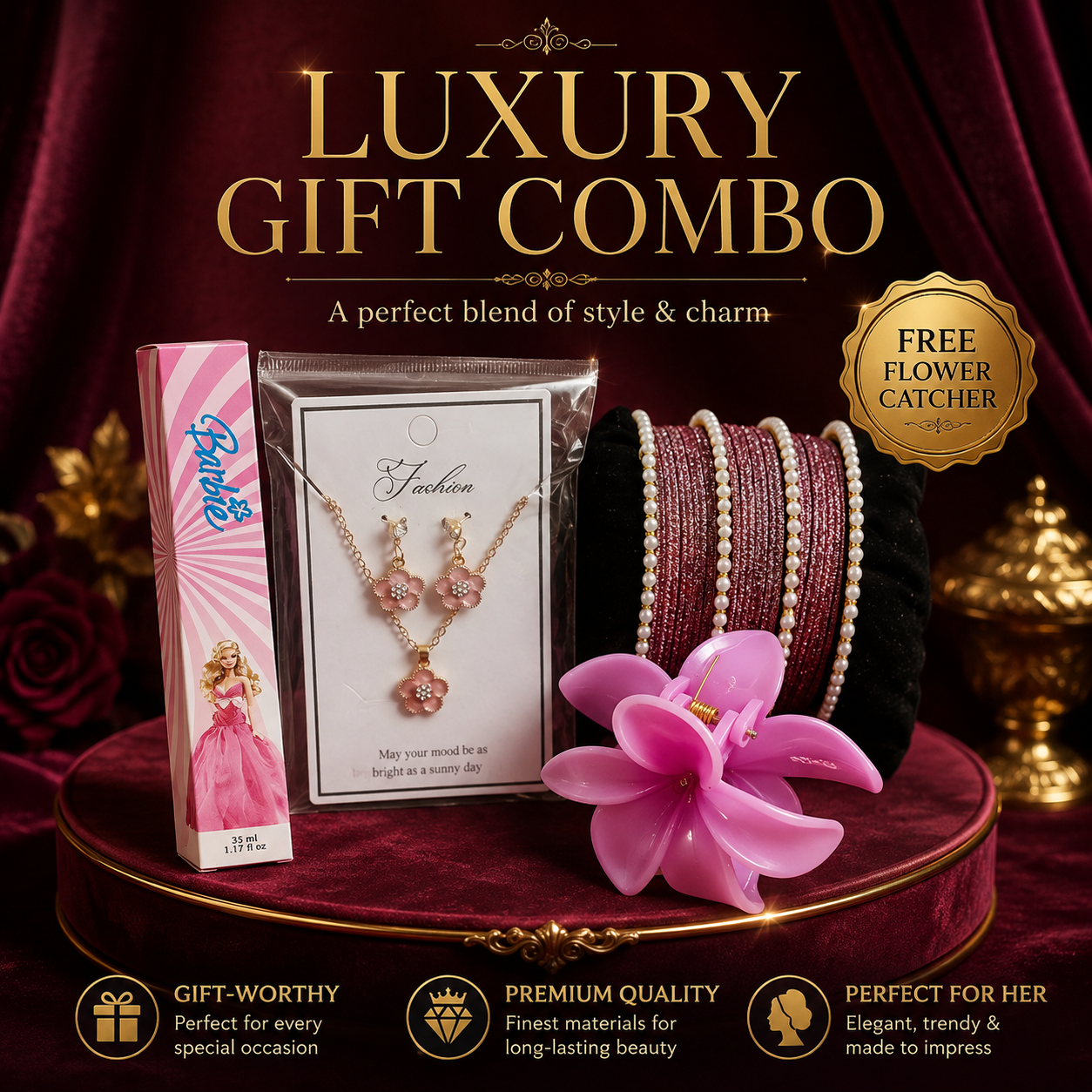 Perfect Gift Combo Set for Her – Bangles, Necklace & Earrings, Perfume & Flower Hair Catcher with Gift Box
