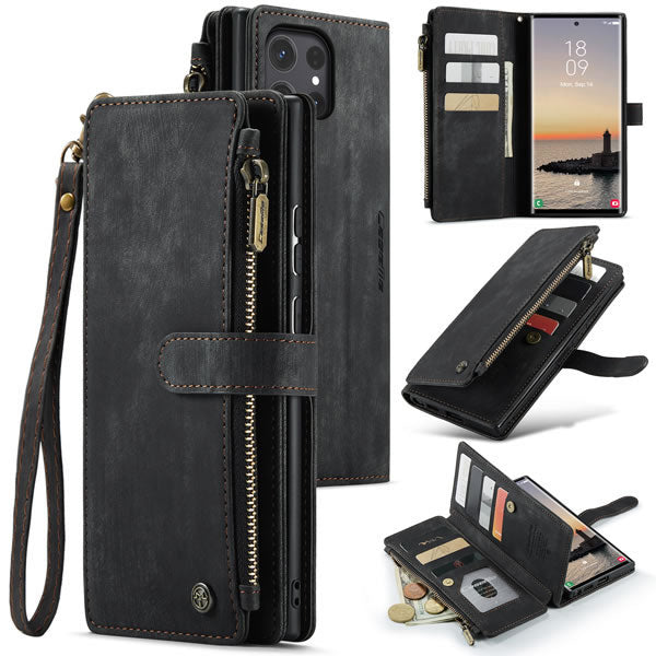 Samsung_ Galaxy S25 Ultra Cover - Black - CaseMe Premium Vintage Leather Folio Zipper Wallet Case with Magnetic Closure and 7 Card Slots