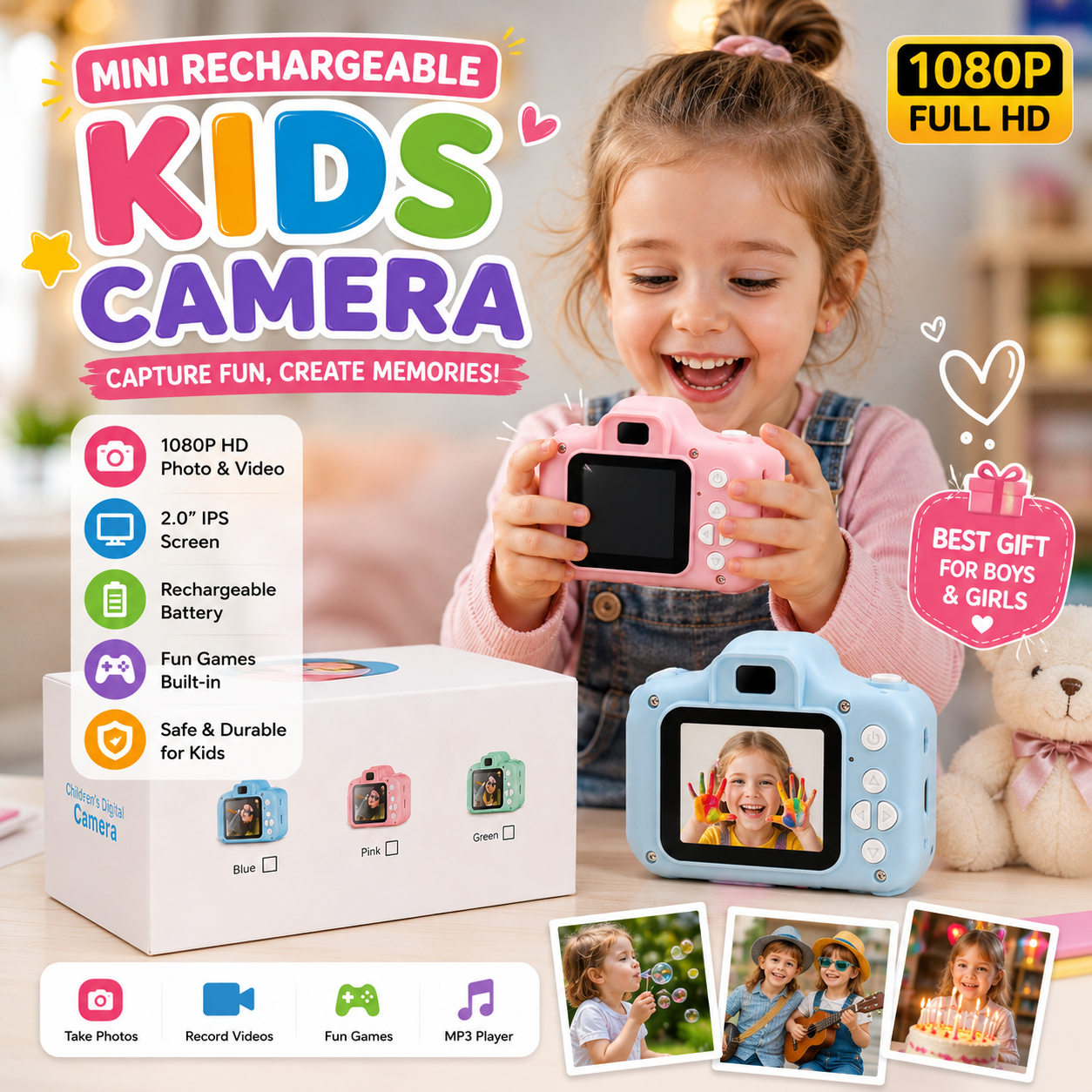 Kids Instant Print Digital Camera – 1080P HD Mini Camera with 2 Inch Screen, Rechargeable Photo Video Recorder & Thermal Printer, Educational Learning Toy for Boys Girls, Best Birthday Gift for Children