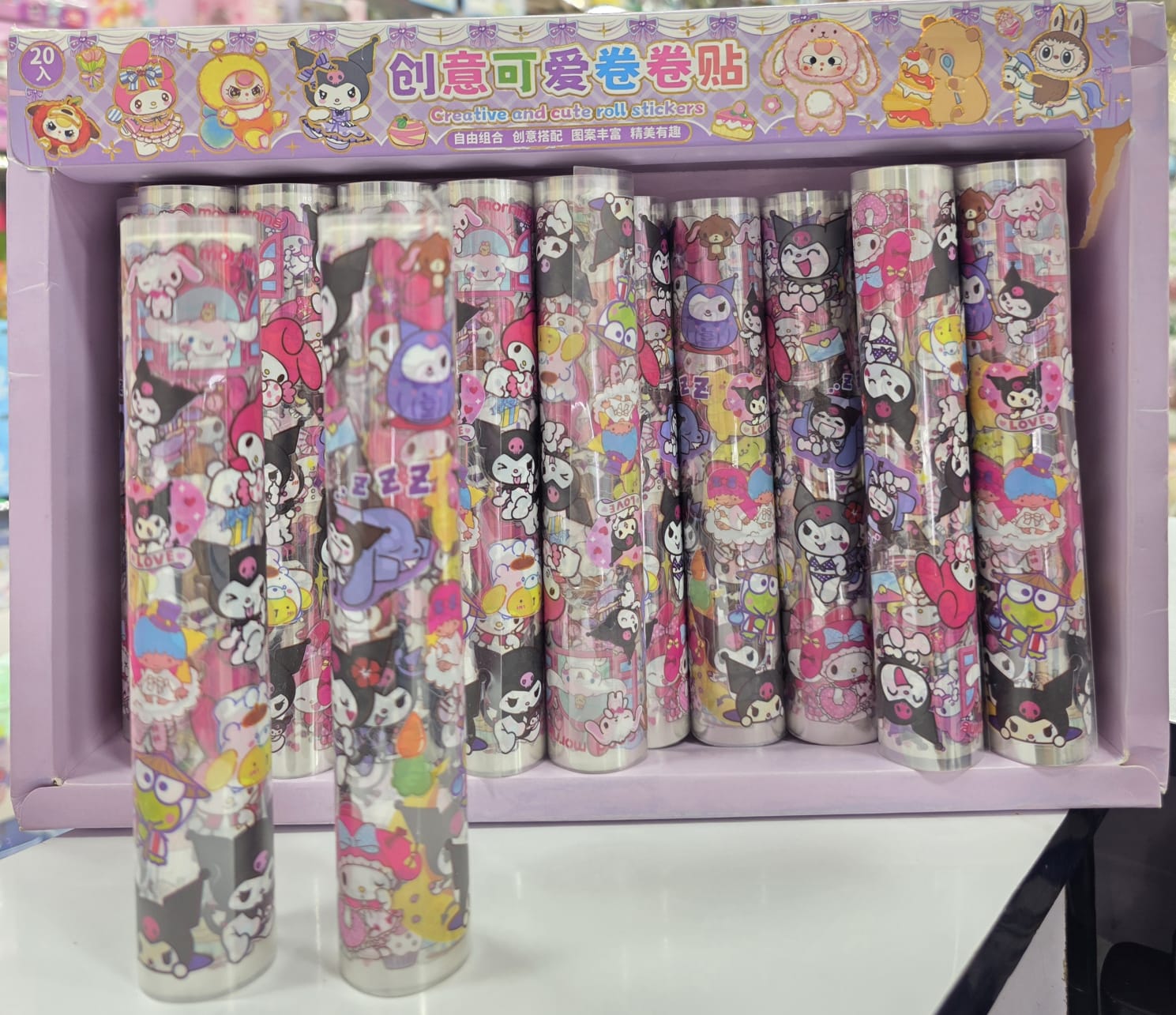 100pcs Creative and Cute Roll Stickers Kuromi Cinnamoroll My Melody Hello Kitty Pompompurin 1 roll each
