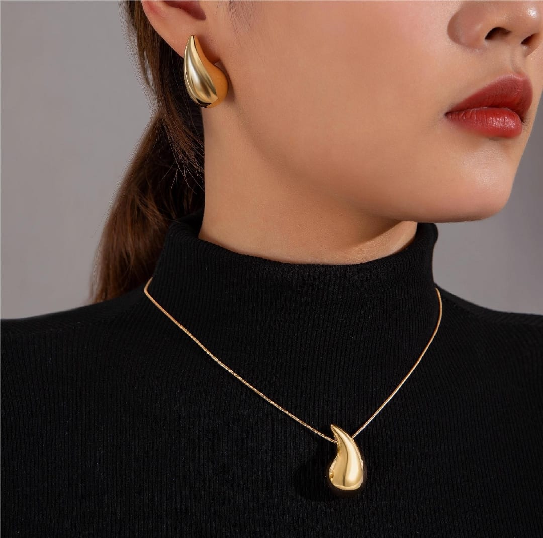 Combo of Tear Drop Earrings & Pendant TDE&P-112+113 / Locket / Necklace with Chain, Golden & Silver Glossy Shine, Water Drop Hallow Stud