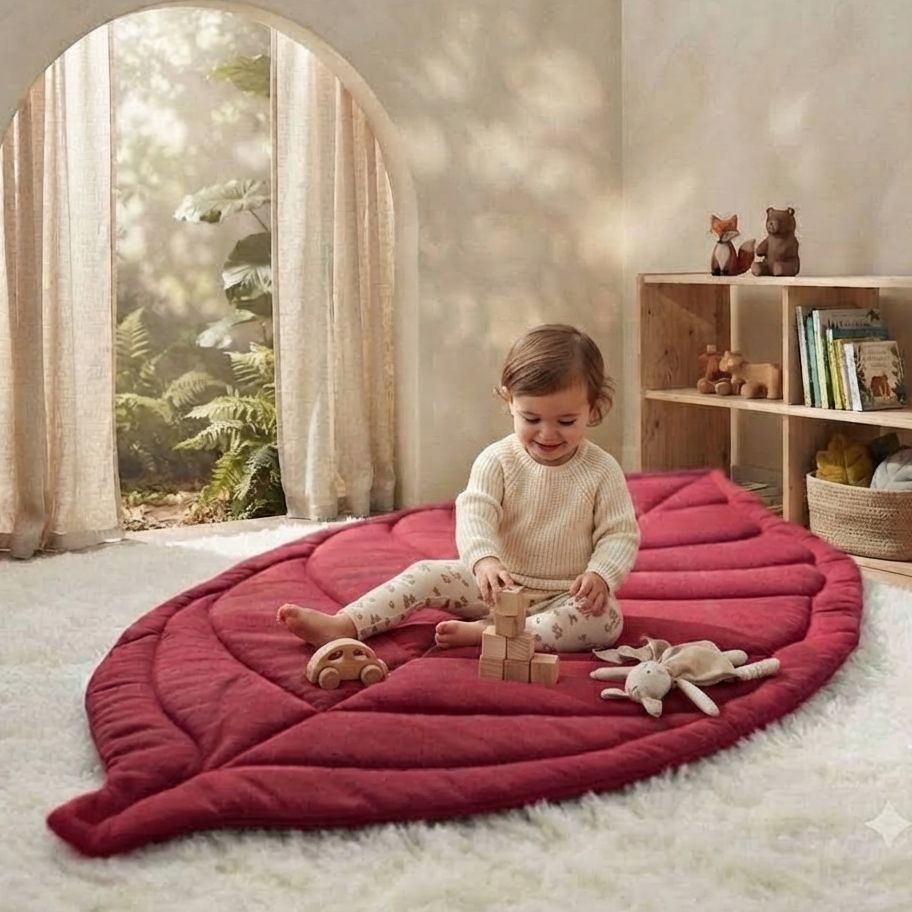 Leaf-Shaped Baby Play Mat - Soft Quilted Tummy Time Mat for Infants - Decorative Nursery Rug - Cotton Floor Play Mat - Premium Quilted Leaf-Shaped Baby Play Mat