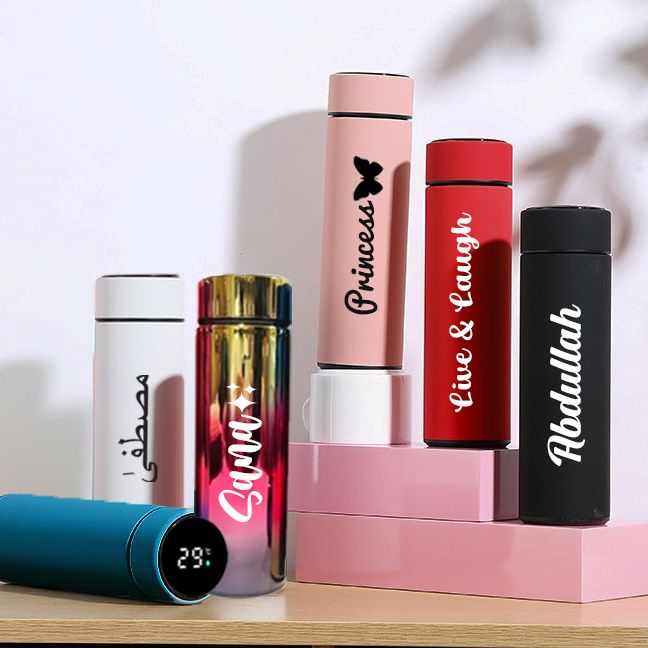 Customize/Personalize Urdu/English Name Emoji/Logo Text Water Bottle LED Temperature Display | Imported 500ml Stainless Steel Hot & Cold Water Bottle for Boys Girls & Kids, Sports & Gym, Water Bottle for School | Thermos Flask | (Half liter).