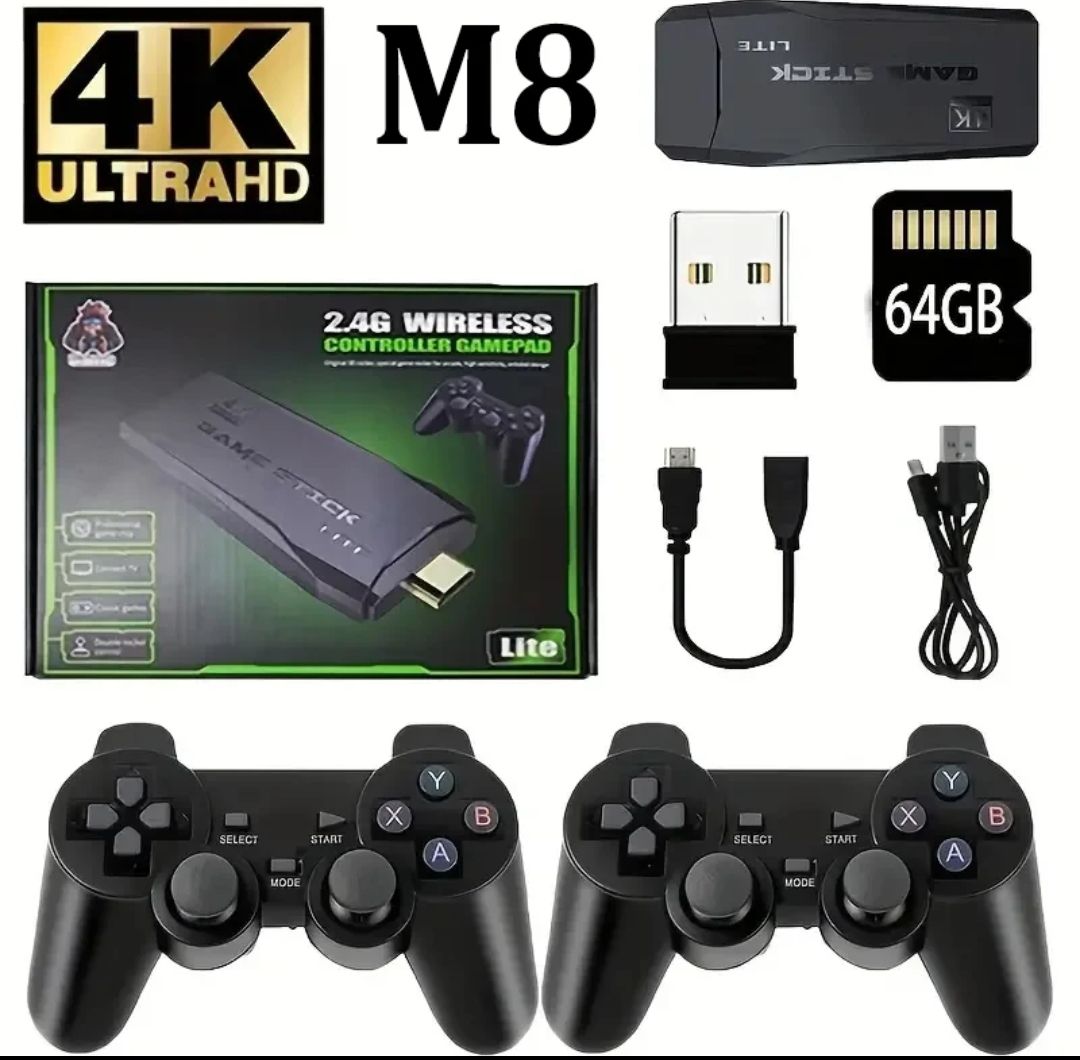 M8 / X6 / M15 / X2 Plus Gamestick Lite 2.4G Wireless Retro Gaming Console with 40000+ Classic Games & 4K HDMI Output, Dual Controllers, 64GB Memory - Plug and Play