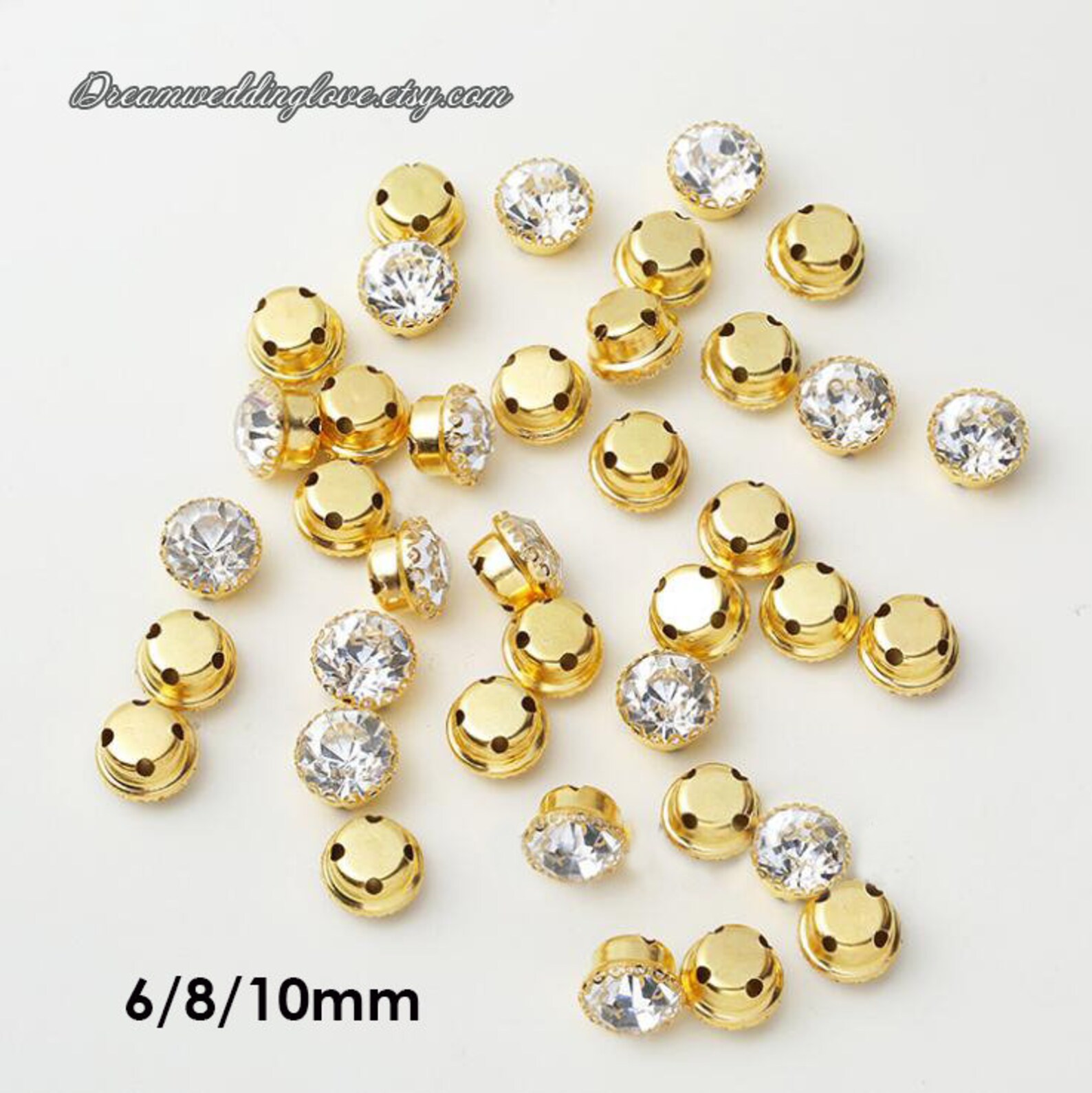6mm & 8mm Round Glass Chatons Crystal Rhinestones with Gold Lace Claw Setting – Sew On Beads for Bags, Wedding Dresses & DIY Crafts | Tawakkal Craft
