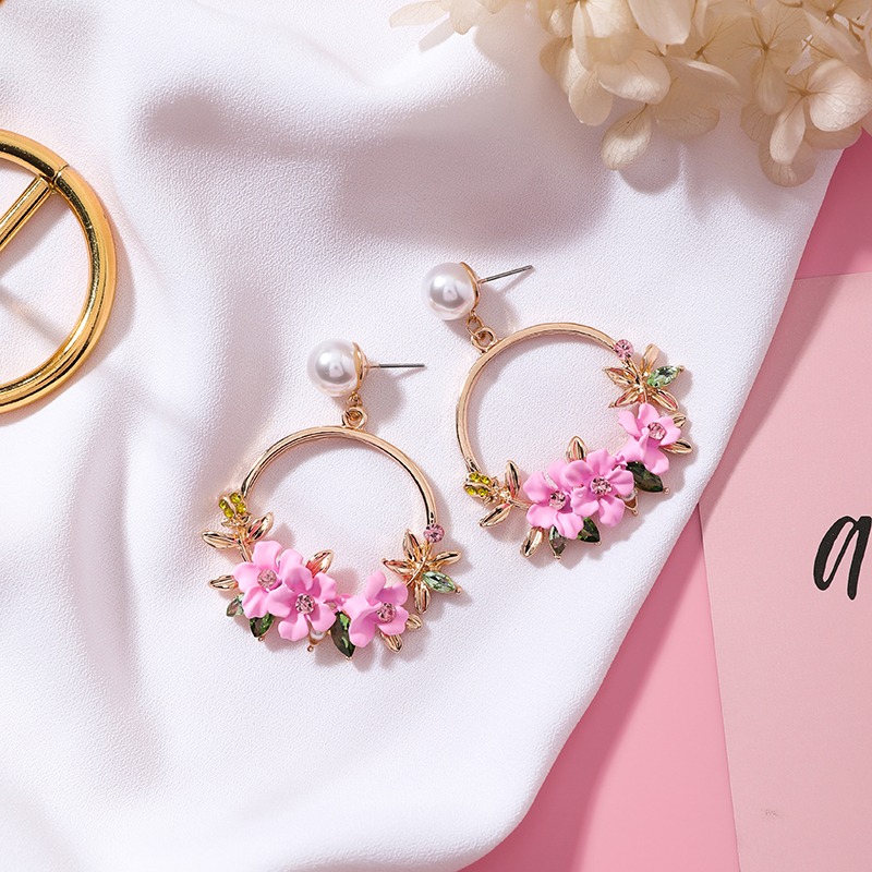 Trendy Pink Flowers Drop Earrings For Women Girls Sweety Colourful Big Circle Earrings Jewelry Gifts