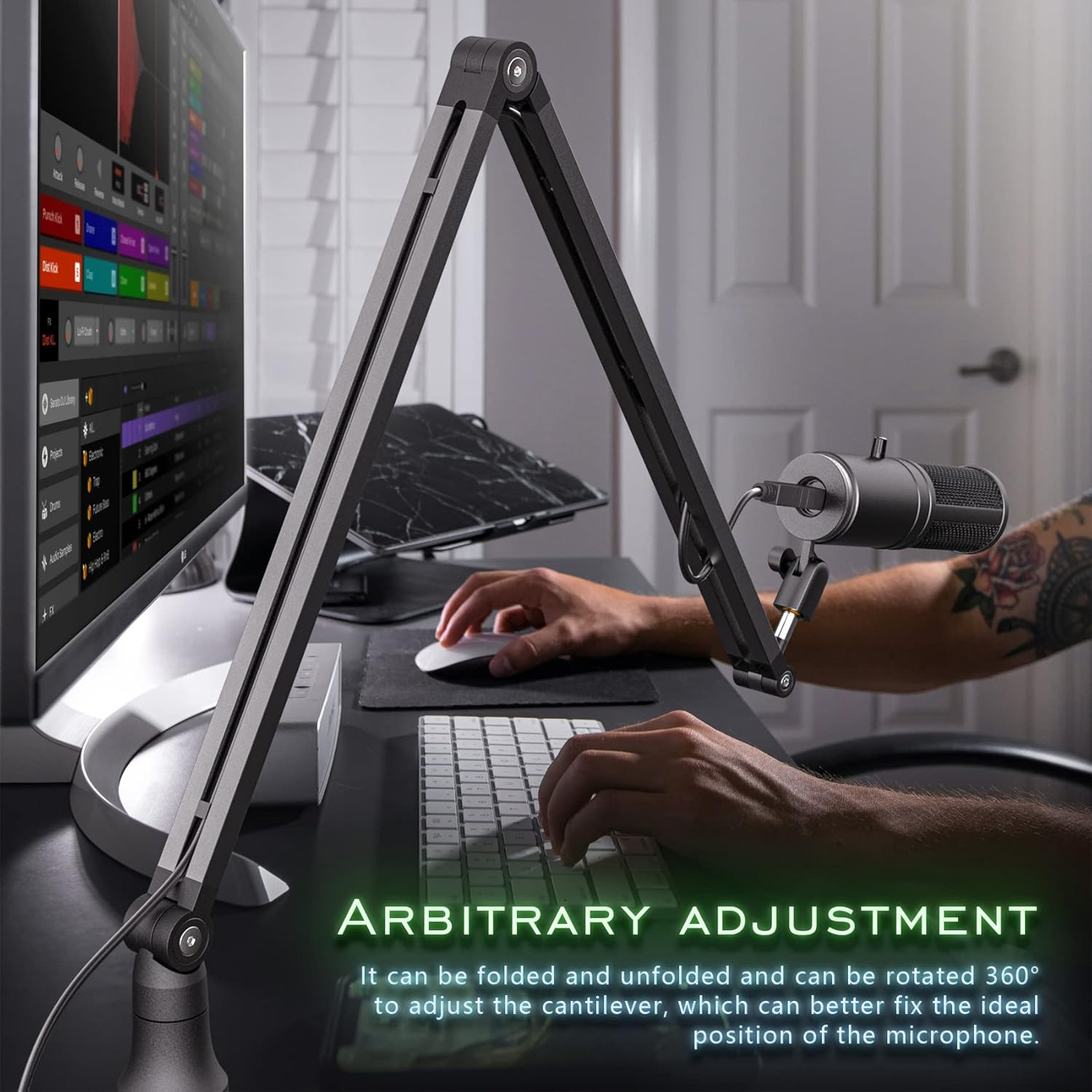 Alogy Boom ArmStand, 360° Rotatable Microphone Stand with Desk Mount, Foldable Desk Mic Arm with 3/8'' to 5/8'' Screw Adapter, Microphone Arm for Live Streaming, Gaming, Podcasting, Radio