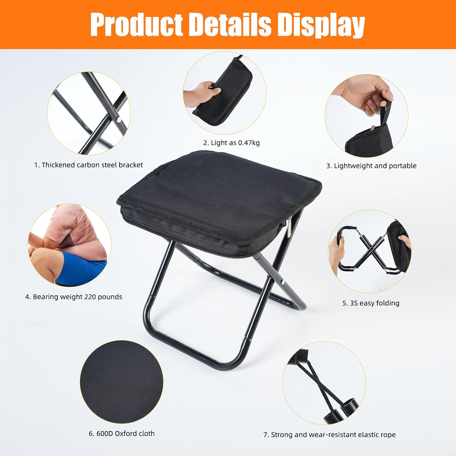 Camping Stool Portable Folding Stool with Carry Bag Weight Load 220lbs Portable Stool for Camping Fishing Hiking BBQ
