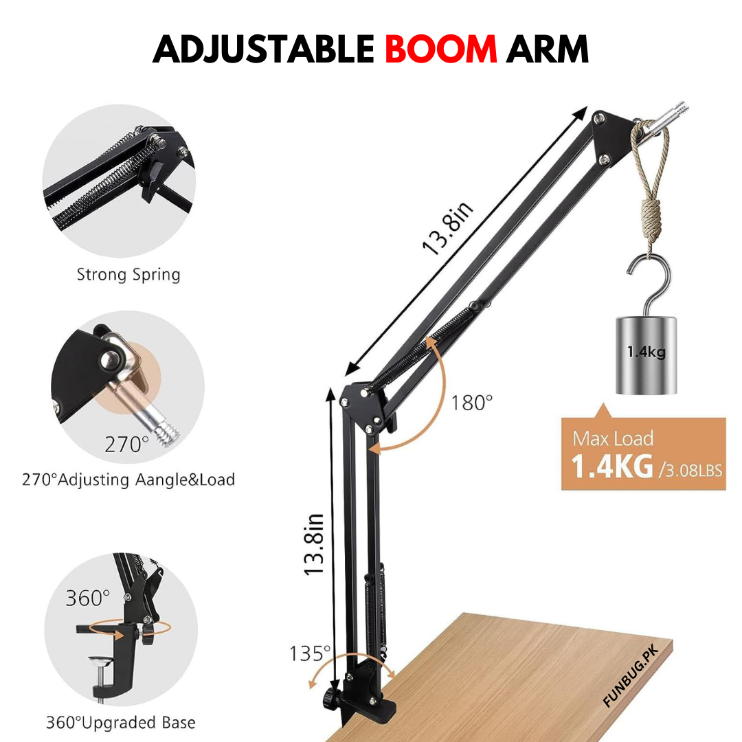 FunBug Professional Metal Scissor Arm Microphone Stand - Adjustable Desk Mount Boom Suspension Arm Stand for Studio, Office, Gaming, Streaming, Podcast - Mic Holder with Clamp for BM800 Condenser Microphone & All Other Mics - Black