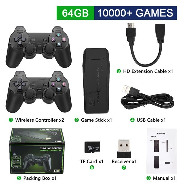 Brand New M8 HDMI Game Stick Lite Console  - 64GB - 2.4G Wireless Controllers - 20,000 Video Game Retro Box - Plug And Play