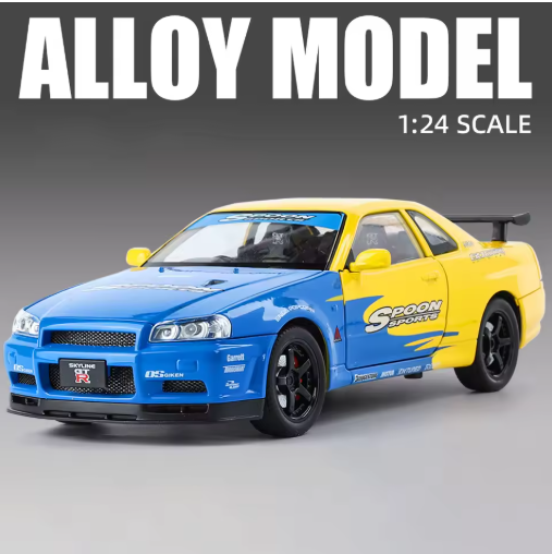 1:24 Nissan GTR R34 Skyline Alloy Diecast Model – JDM Sports Car, Metal Body, Pull Back, Light & Sound, Openable Doors