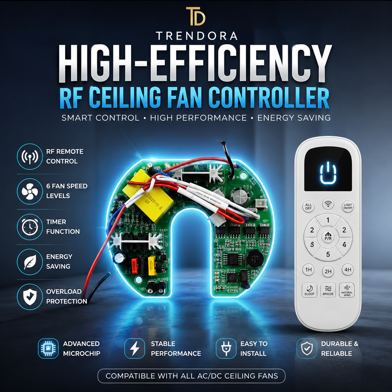 Universal RF AC/DC Ceiling Fan PCB Kit with RF Remote | Premium BLDC Fan Circuit Board | No Sensor Required | 6 Speed Fan Controller Replacement