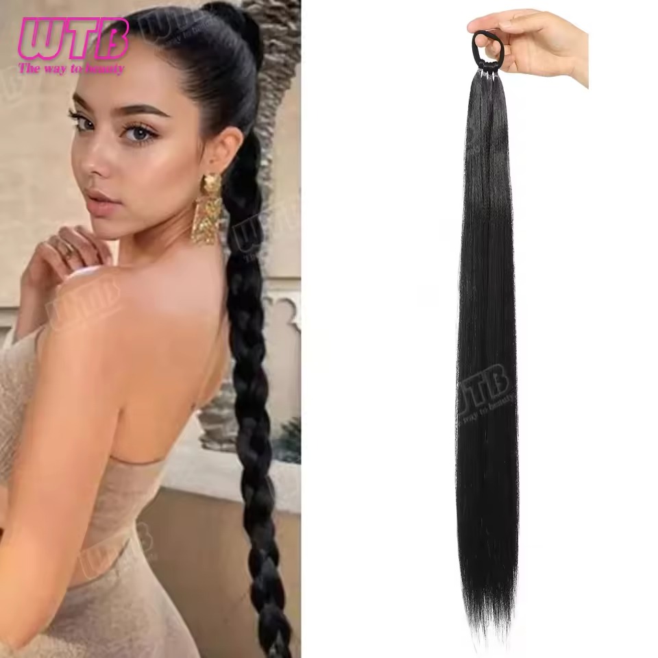 Ponytail Hair Extension for Girls – Hair Pony Extension with Elastic Bands, Straight 28 Inch Long - Natural Hair Color