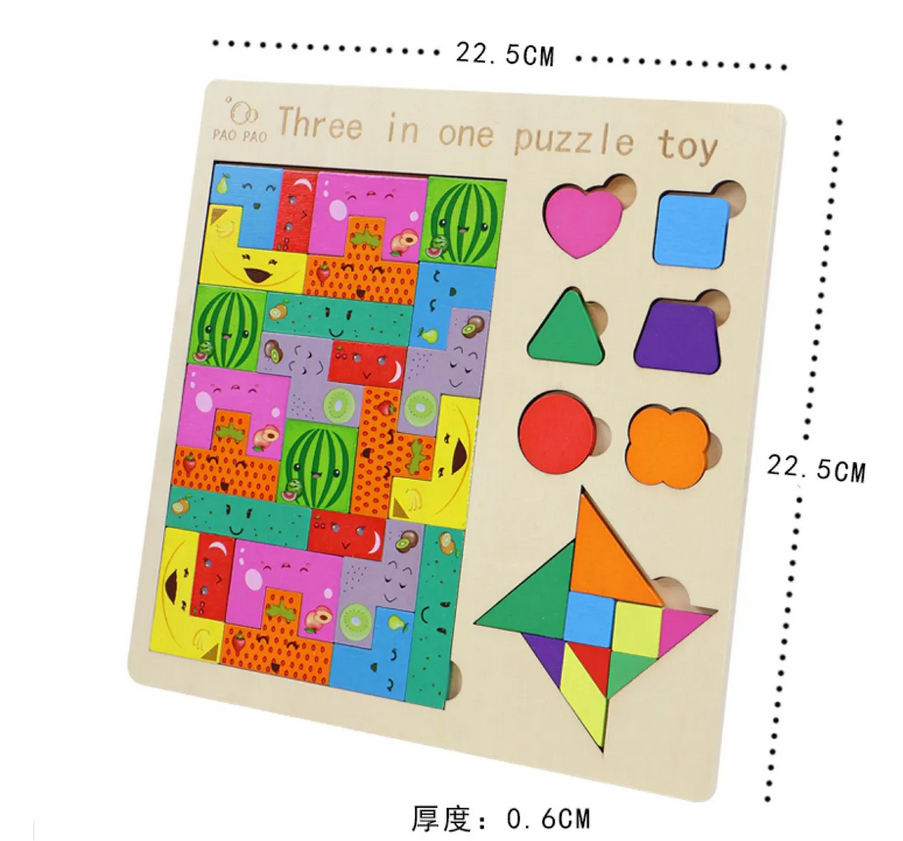 3-in-1 Wooden Puzzle Game Set for Kids | Jigsaw, Pattern Matching & Tangram Educational Toy | Math Learning Puzzle for Ages 3+