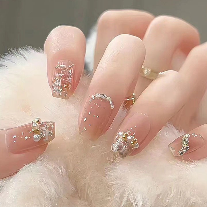 24Pcs False Nails Short Almond, French Tips Press on Nails Glossy Aurora Glitter Fake Nails with Glue Stickers, Reusable Acrylic Full Cover Oval Stick on Nail for Women Girls Nail Art Accessories
