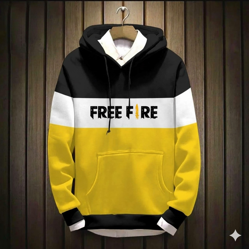 Free Fire Winter Sweater Hoodie for Men | Gaming Warm Fleece Pullover Yellow Black