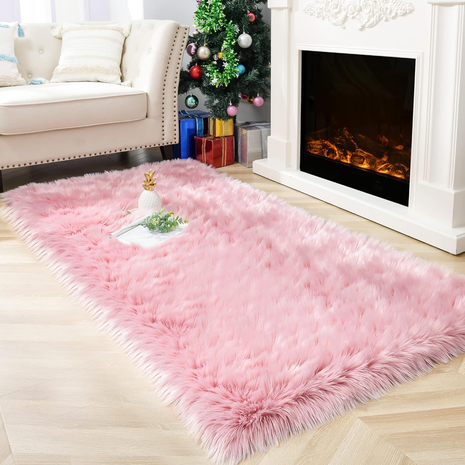 Soft Fluffy Faux Fur Rugs for Bedroom Bedside Rug, Washable, Furry Sheepskin Area Rug for Living Room Girls Room, Luxury Shag Carpet Home Decor, Pink 16X24 Inch