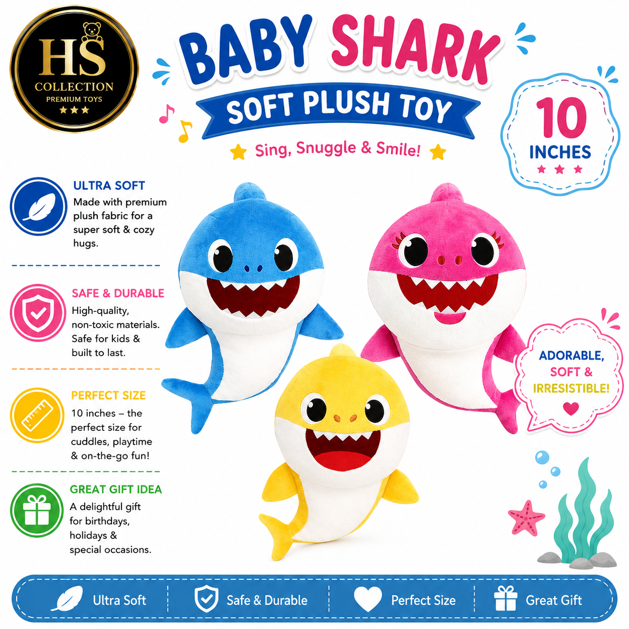 Baby Shark Plush Toy Soft Cuddly Stuffed Animal for Kids - Cute Yellow Shark Cartoon Doll for Babies & Toddlers  Premium Musical Theme Soft Toy Birthday Gift