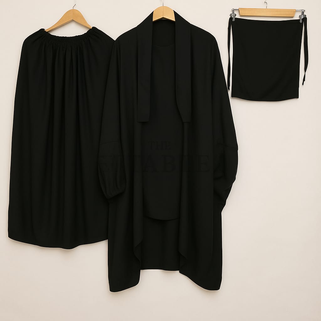 3 Piece Jilbab Set with Naqab & Skirt Black | Wool Peach Fabric | Full Coverage Modest Islamic Wear for Women | Prayer, Umrah & Daily Wear