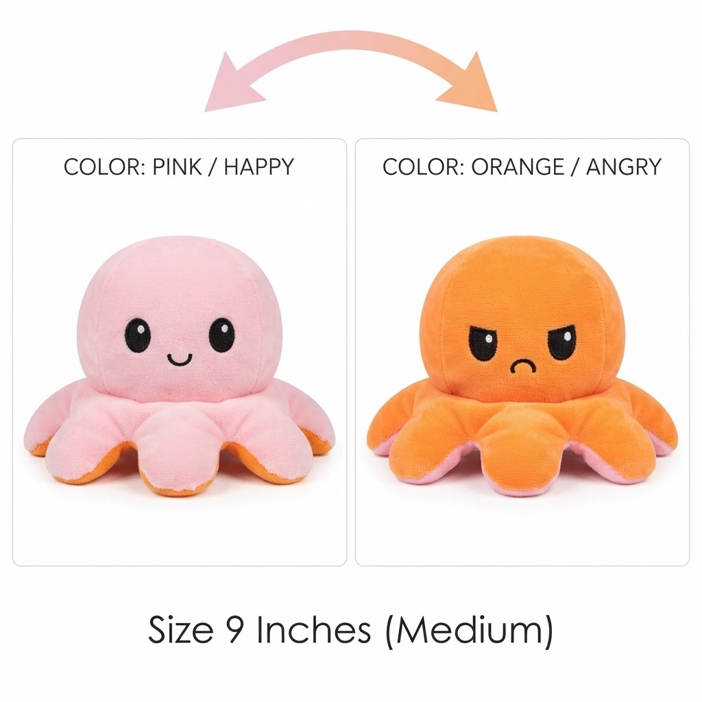 Reversible Octopus Plush Toy 2 in 1 Happy & Sad Face Soft Stuffed Animal Cute Mood Flip Octopus Doll for Kids & Gifts