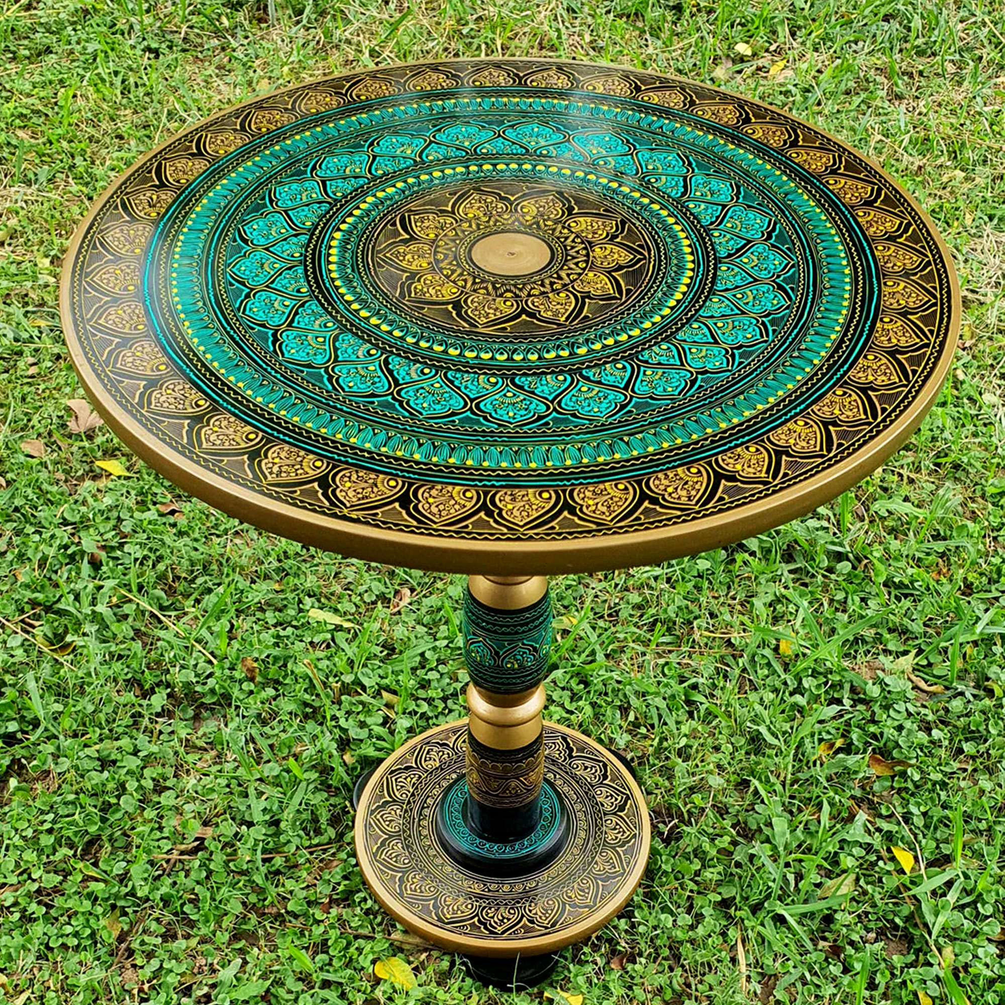 Hand Painted Naqshi Art Round Coffee Table 16" Wooden Coffee Table