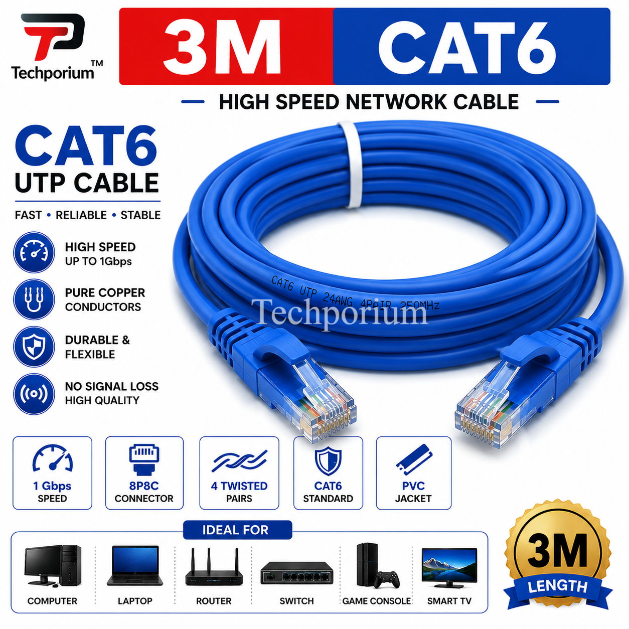 Cat 6 LAN Cable UTP 3M High-Speed Ethernet Network Cable RJ45 Connectors Stable Data Transfer for Router Switch Modem PC Laptop Gaming Console Smart TV Internet Devices Office Home Reliable Wired Connection Best Ethernet Cable Fast Speed Cat6 Cable