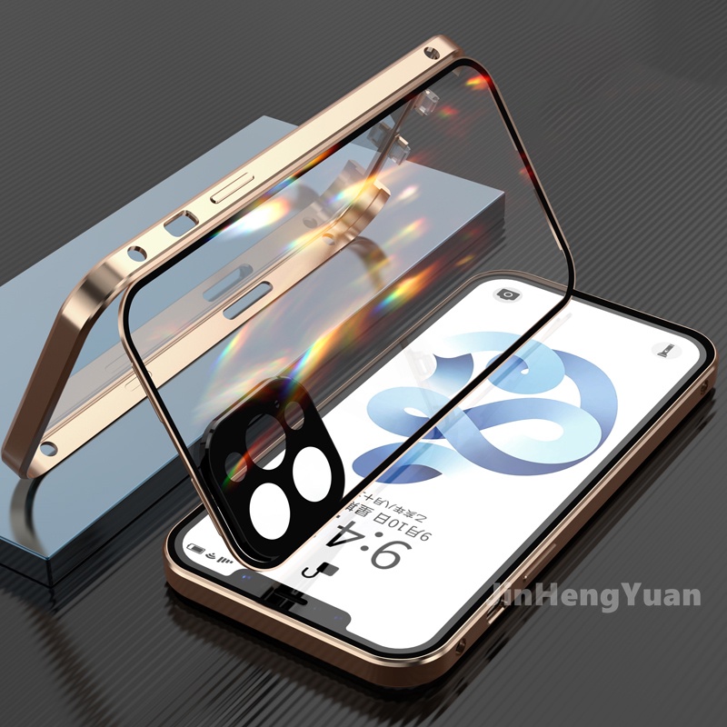 Magnetic Metal Phone Case Double Sided Glass Protector compatible