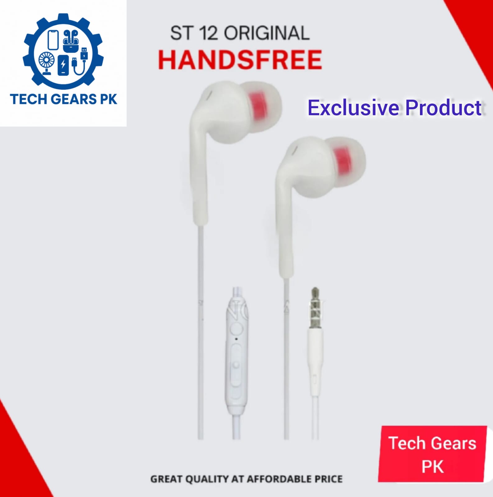 ST-12 3.5mm Wired Handsfree with Mic | Stereo Headset with High Bass & Clear Sound | Noise Isolation | Wired Headphones for Music, Gaming & Calls | Universal Mobile Compatibility | Tech Gears PK