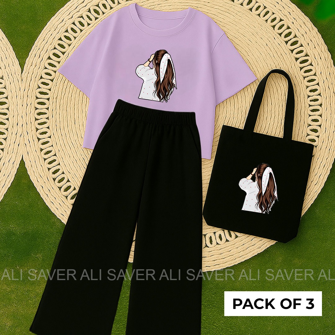 Girls & Women Pack of 3 Outfit | Casual Crop Top, Pants & Tote Bag