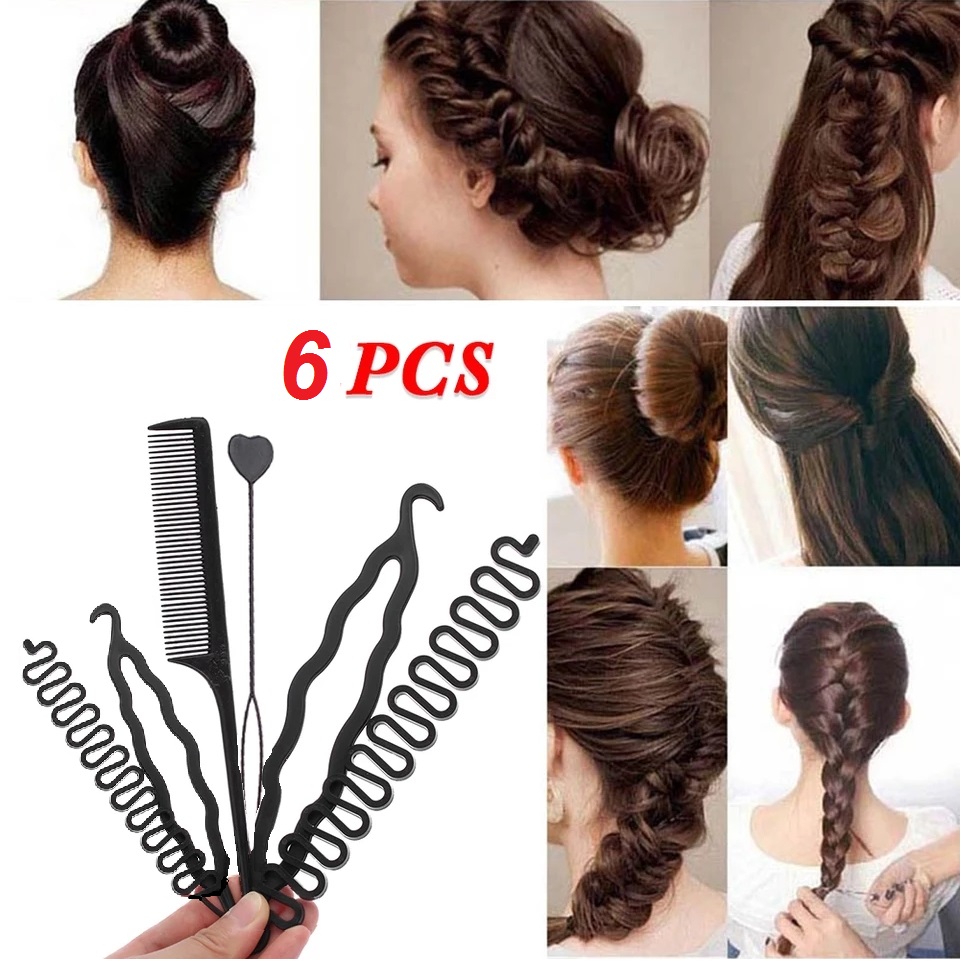 6PCS Hair Styling Set – Bun Maker, Ponytail, Twist & Braiding Tools for Women & Girls