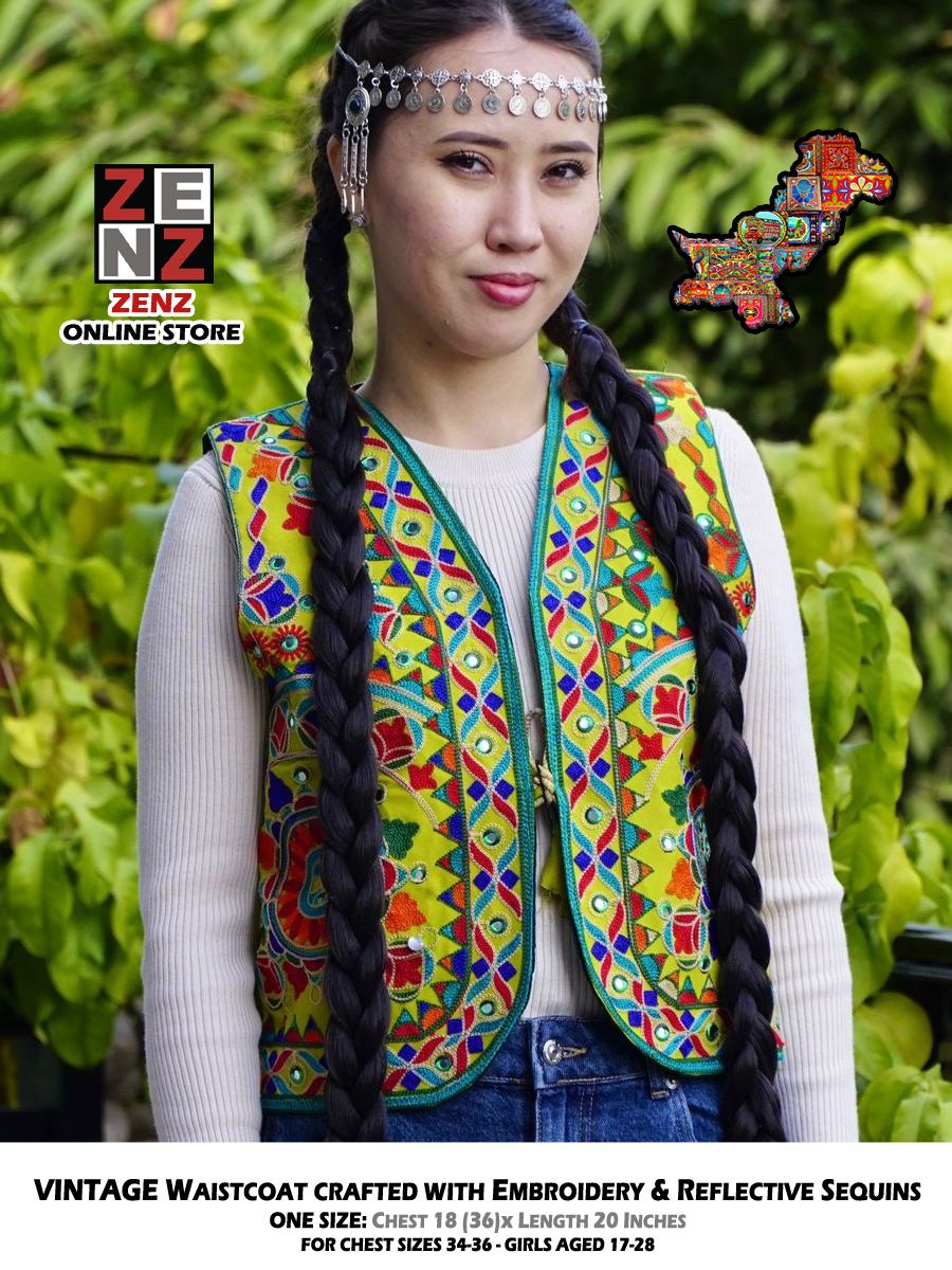 Pakistani Sindhi Embroidered Waistcoat Koti for Adult Females crafted with Multicolour Embroidery & Reflective Sequins Waist Coat