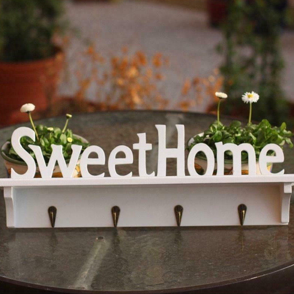 Wooden Wall Mount Rack Diy Sweet Home Storage Shelf Hooks Bedroom Hanger Holder