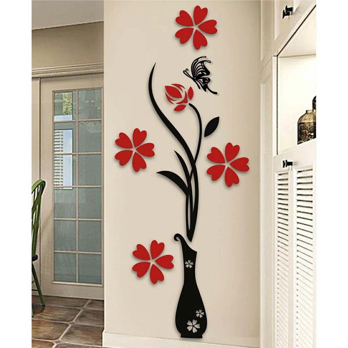 Red and Black Butterfly Vase Wall Art, Premium MDF and Acrylic Home Decoration, Extra Large 12x32 inches, Modern 3D Floral Design
