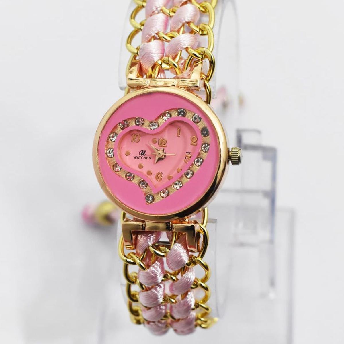 Bracelet Watch Pink Heart Round Shape Watch For Sports Women & Girls