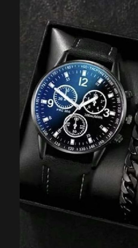 Latest Design Black 2025 Watch Black Casual Watches + Bracelet + Cuban Chain Bracelet +3D Bar Locket  With Chain+Ring -High Quality In Random Dial watch Design With Stainless Steel Strap + Bracelet Chain + Necklace + Ring For Boys Men