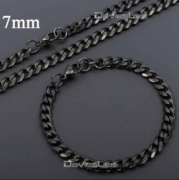 Pack of 2 Black Stainless Steel Cuban Chain / Necklace and Hand / Wrist Bracelet for Men / Boys