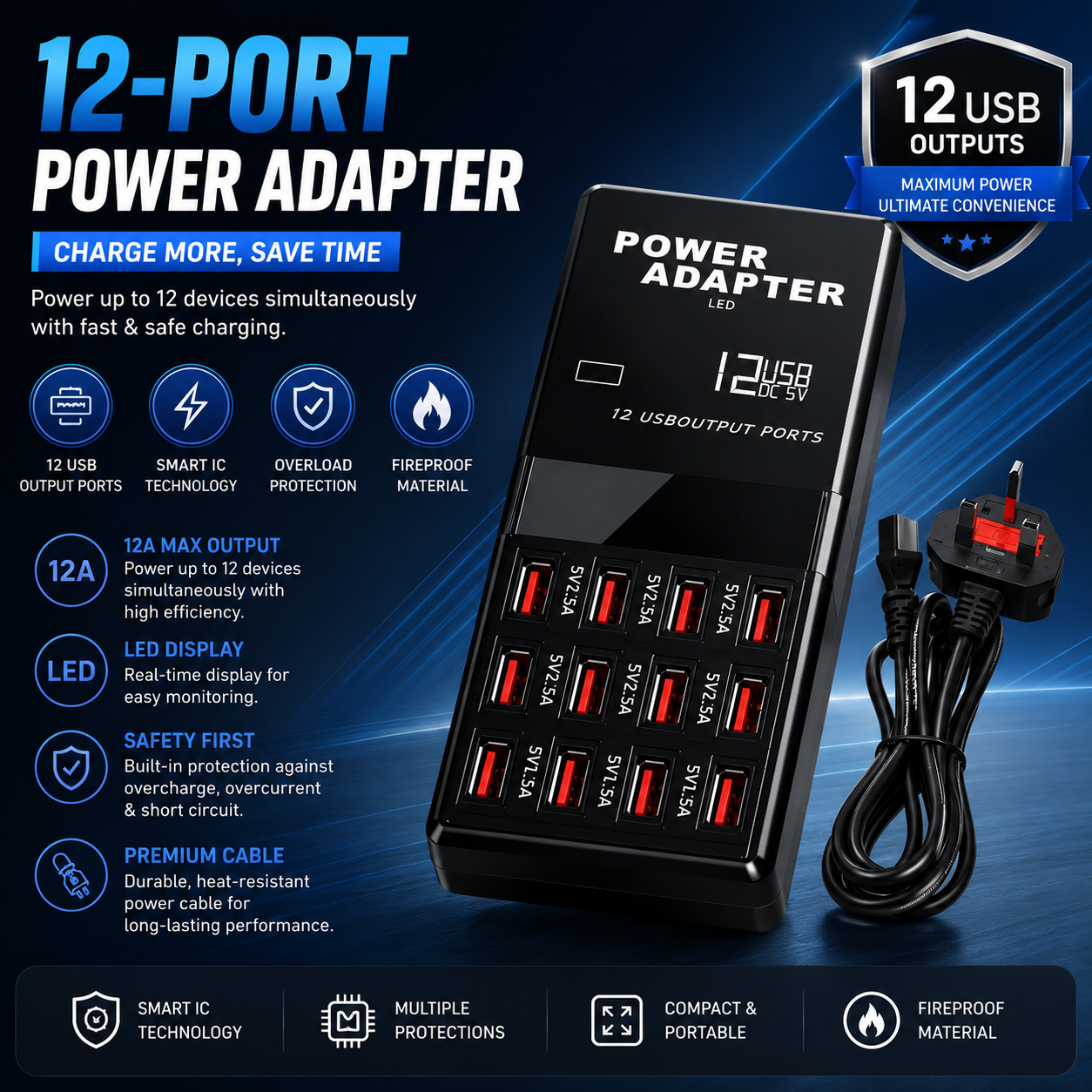USB FAST CHARGER 12 PORT 12AMP