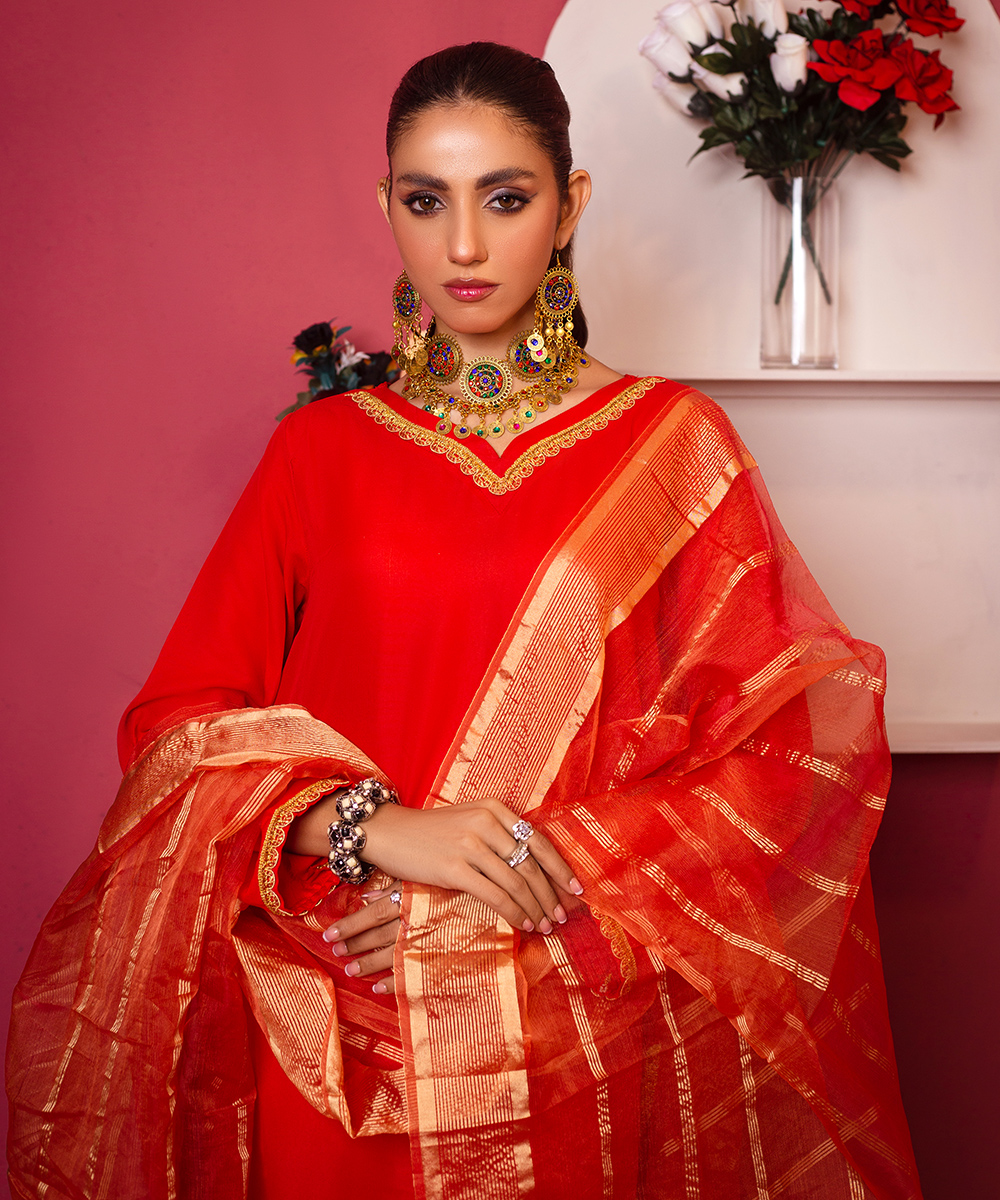 Sunaina Textile Orange Katan Silk 3 Piece Unstitched Fabric for Women/Girls price in Pakistan