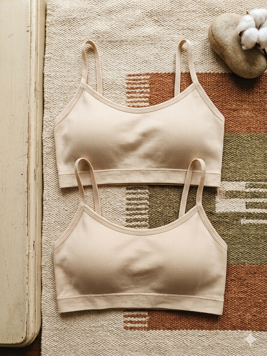 Pack of 2 Seamless Ribbed Bralettes for Women & Girls – Non Padded Wireless Bra – Comfortable Everyday Wear Stretchable Crop Top – Beige