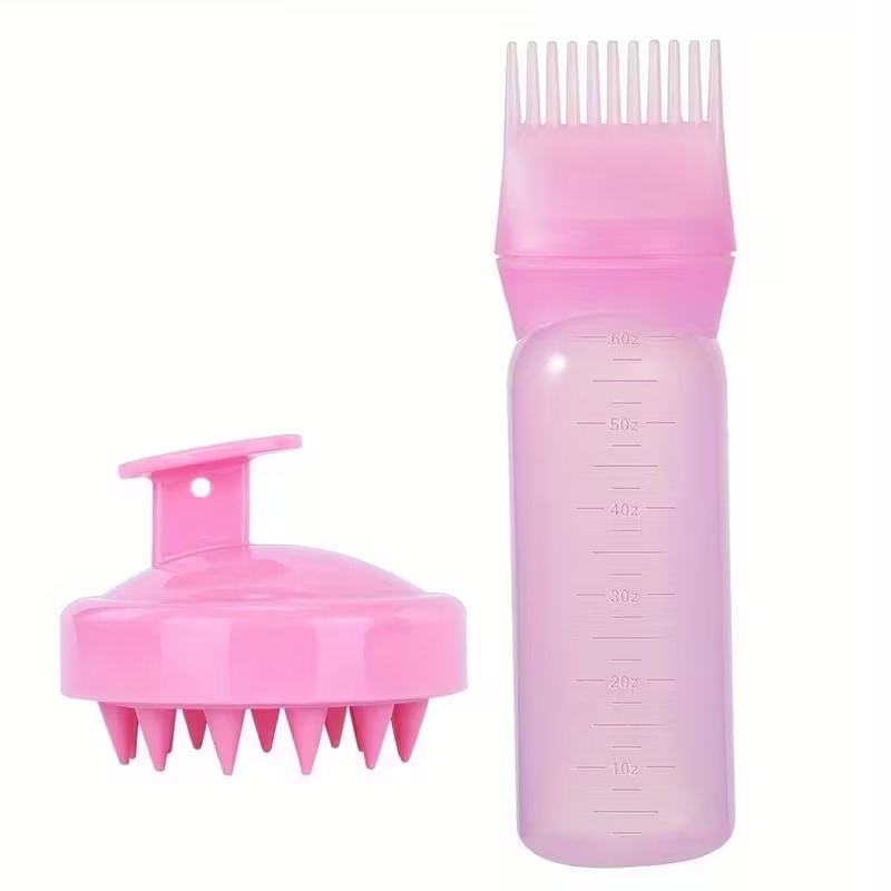 Silicone Hair Care Set: Scalp Massager & Root Comb with Oil Applicator Bottle 2 Pcs Set - Perfect for Salon & Home Use, Ideal for All Hair Types (Random Colours)