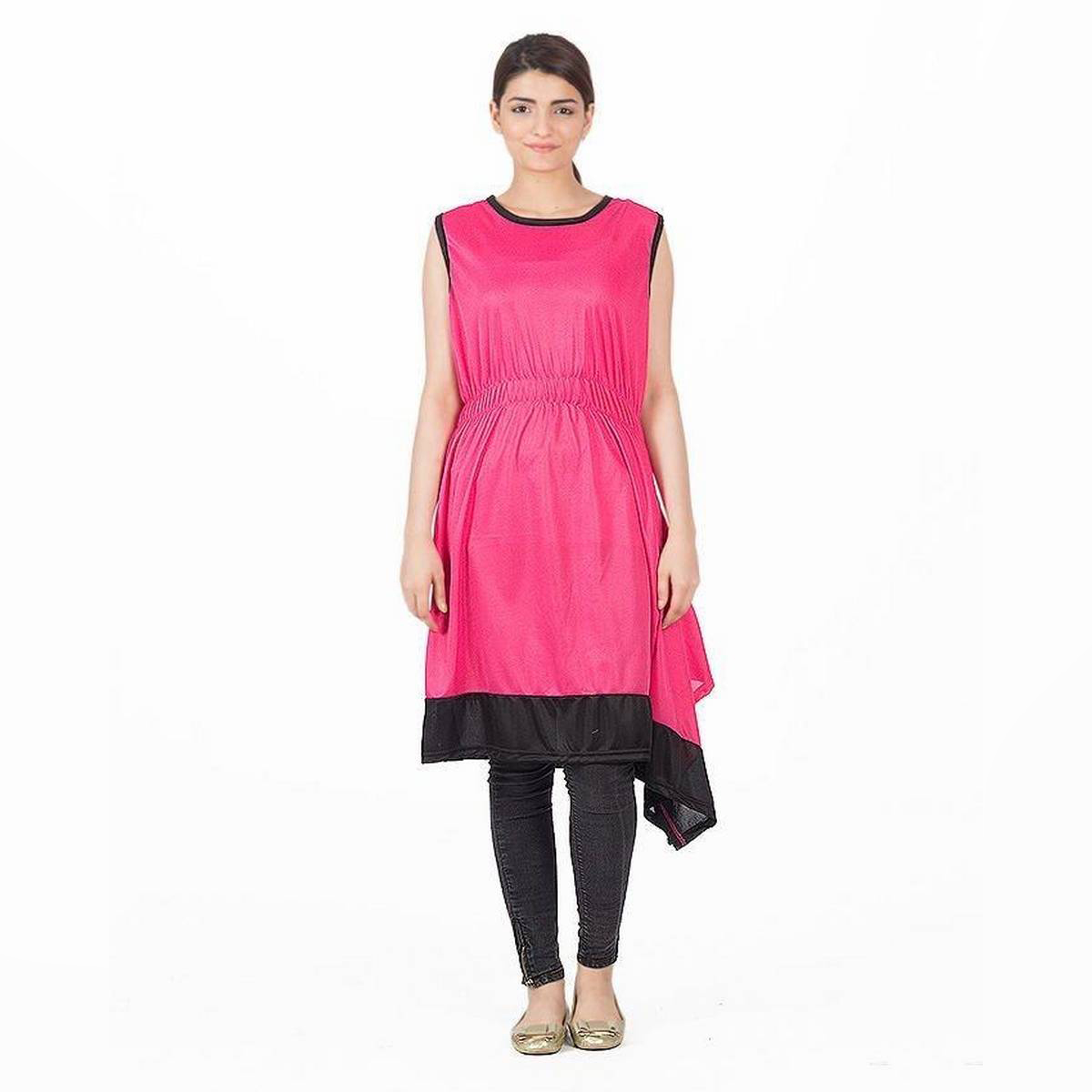 Black and Pink Mix Cotton Long Top For Women