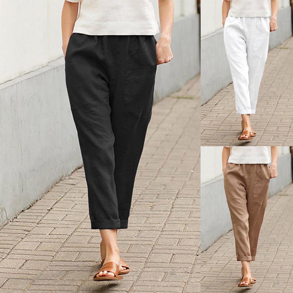 Buy Fullfun_2019 Loose Pocket Womens Linen Cotton Pants Three-Quarter  Trousers Waist Elastic Pants Yoga Loose Pants Women Online at  desertcartINDIA