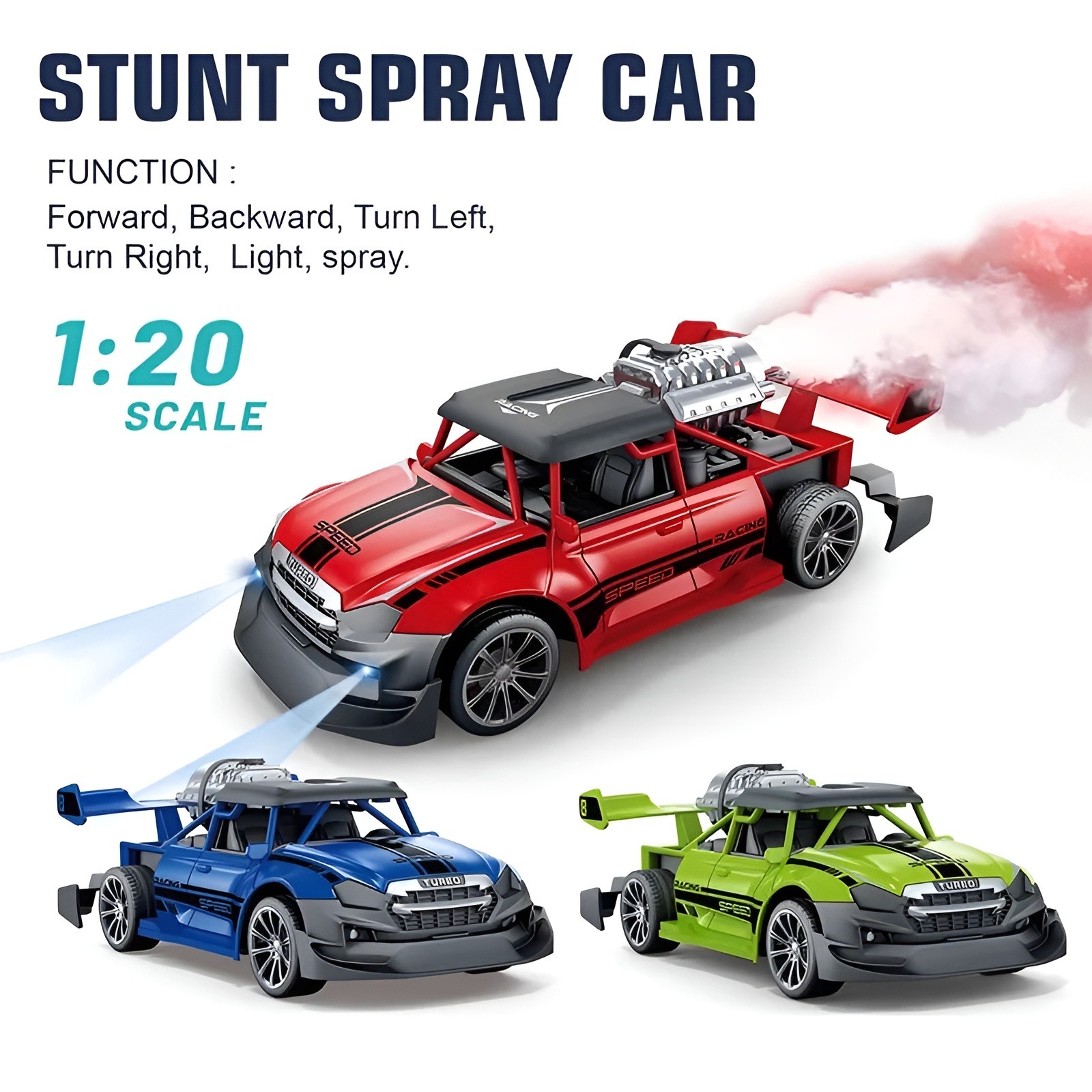 Speed Racing Spray Stunt Car, Remote Control Light Smoke Spray Emulation Exhaust Car in 1:20 Scale With Rechargeable Battery & Cable 2,4GHZ RC Light Spray Car For Long Range Controlling With Top Speed Model Best For Birthday Gifting or Exam Result Gift