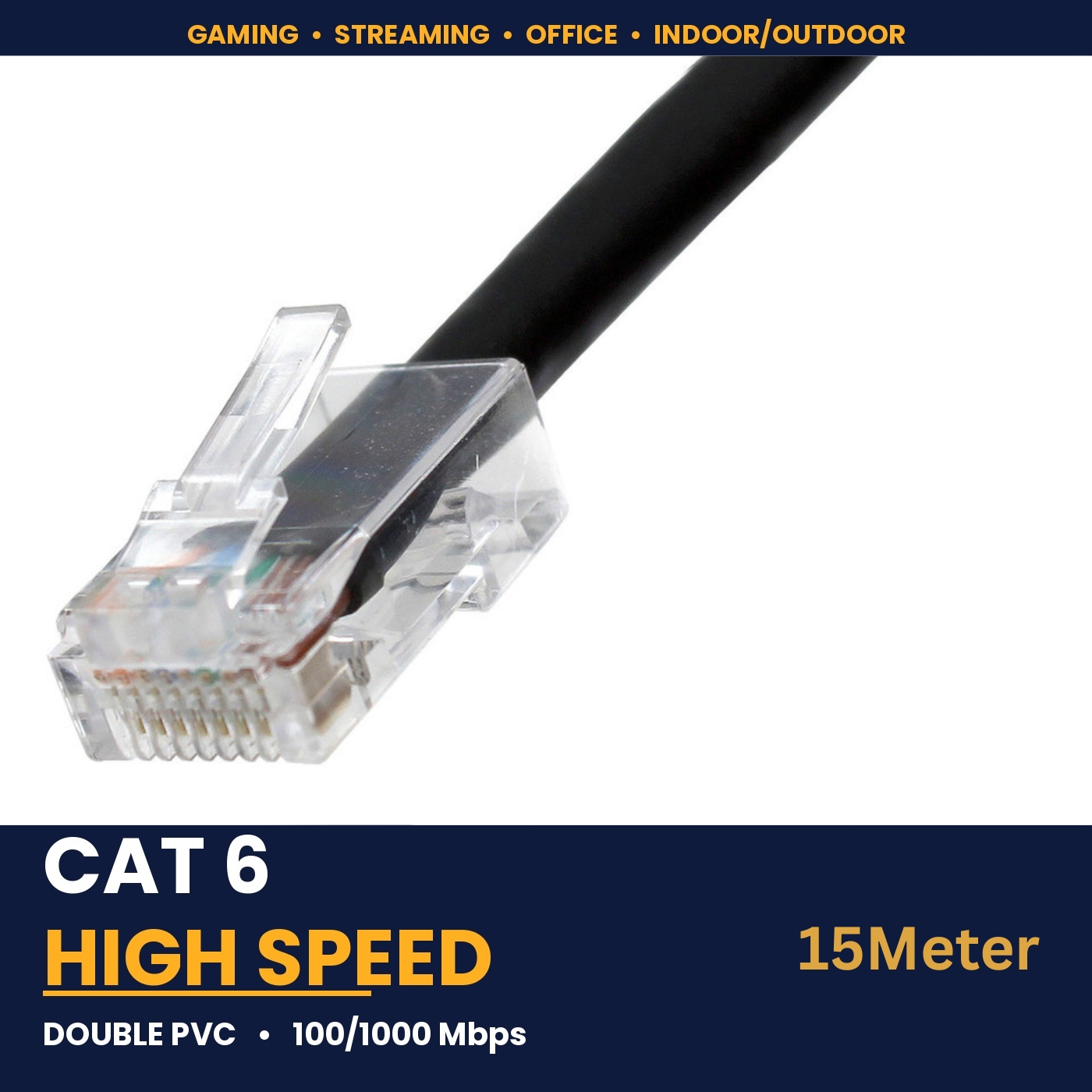 High Speed 100/1000 Mbps Supported LAN Cable Cat 6 UTP Double PVC Jacket High Standard Networking Ethernet Cable Internet Wire - Black (15Meter/49ft) Gaming Streaming Office Use With Connectors