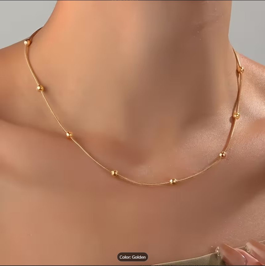 Elegant Golden Stainless Steel Beaded Necklace for Women | Minimalist Ball Chain & Snake Bone Collarbone Necklace | Durable Boho Choker for Daily Wear & Parties