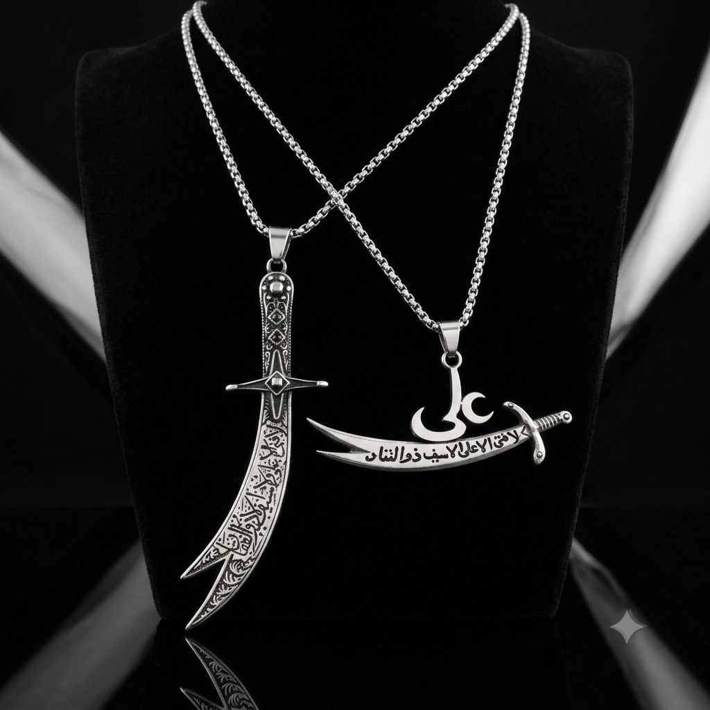 Premium Stainless Steel Zulfiqar Sword Pendant Necklace for Men & Boys - Islamic Calligraphy Hazrat Ali Sword Chain Locket