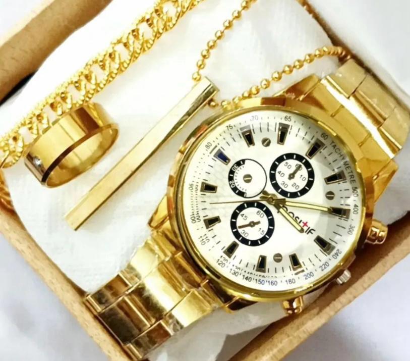 Mega Deal Men's Gift Wedding Watch Deal Top Class Casual High Quality Wrist Pack Of 5 Watch  GOLD Color Deal Stainless steel Luxury Italian Cuban Link Bracelet For Men/Boys