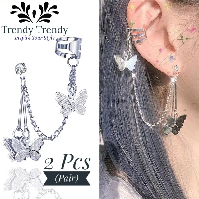 Pair of Ear Cuff Earrings For Girls Butterfly Long Chain Pin Tassel Earrings For Girls and Women Cuff Earrings Korean Ear Trendy Trendy Earrings